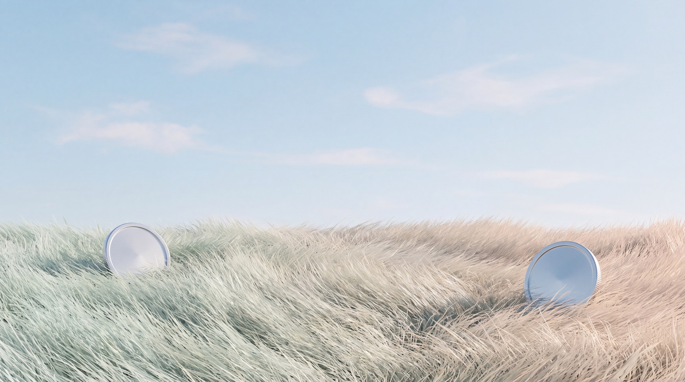 Metallic discs emerging from a soft landscape beneath an open blue sky